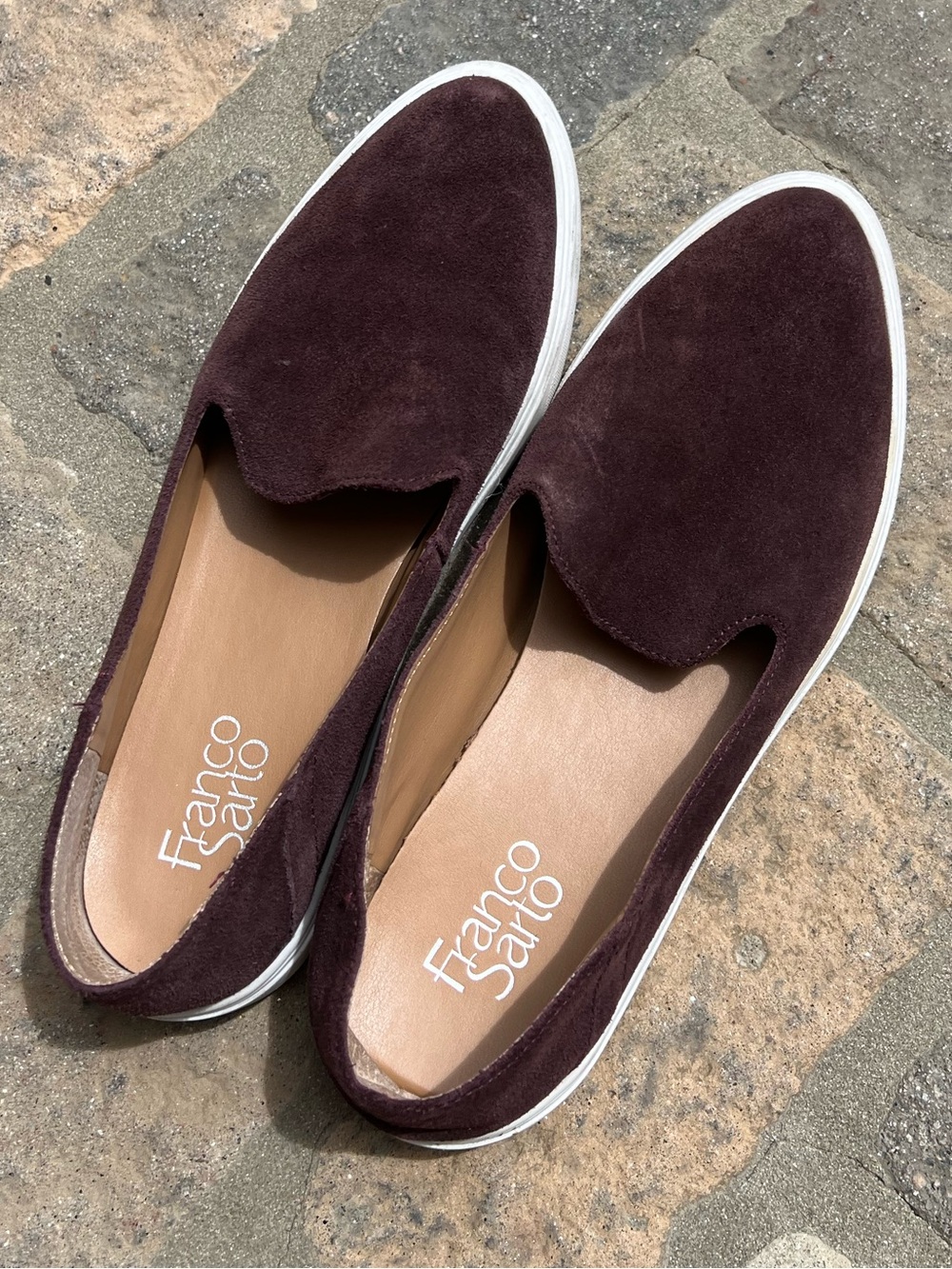 Franco Sarto Slip-On Suede Flats in Deep Burgundy with White Sole